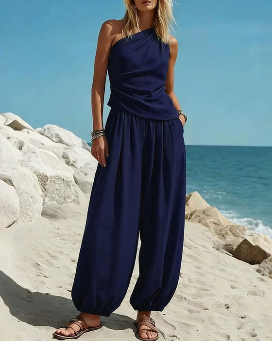 One-Shoulder Tank Top High Waist Pants Set