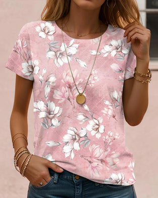 Short-Sleeved Round Neck Floral Print Top