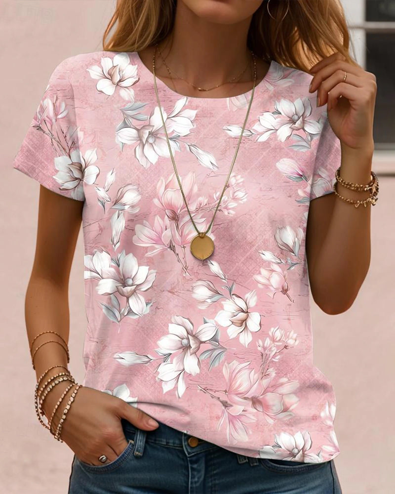 Short-Sleeved Round Neck Floral Print Top