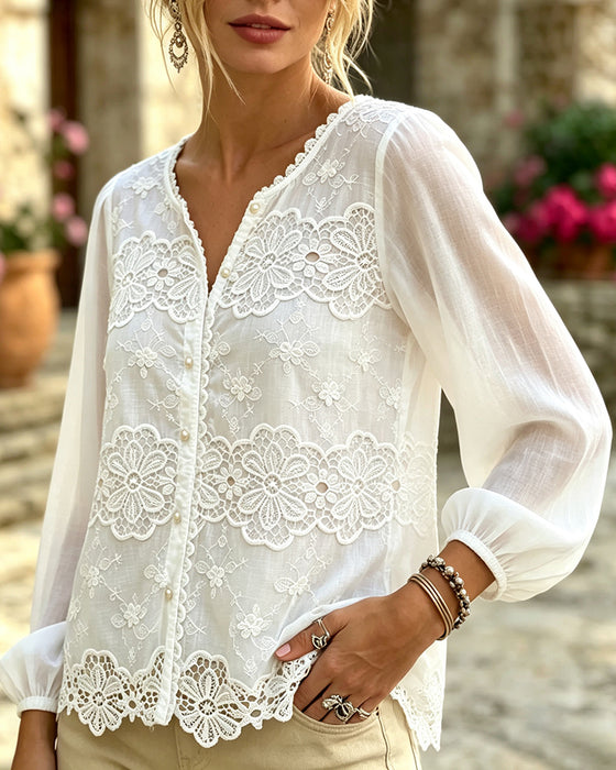 Cut-Out Lace Trim Blouse
