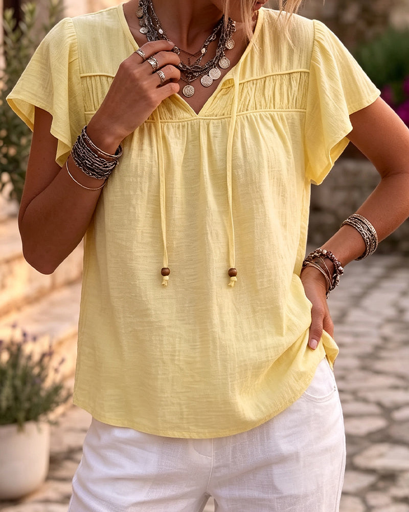 V-Neck Solid Casual Blouse