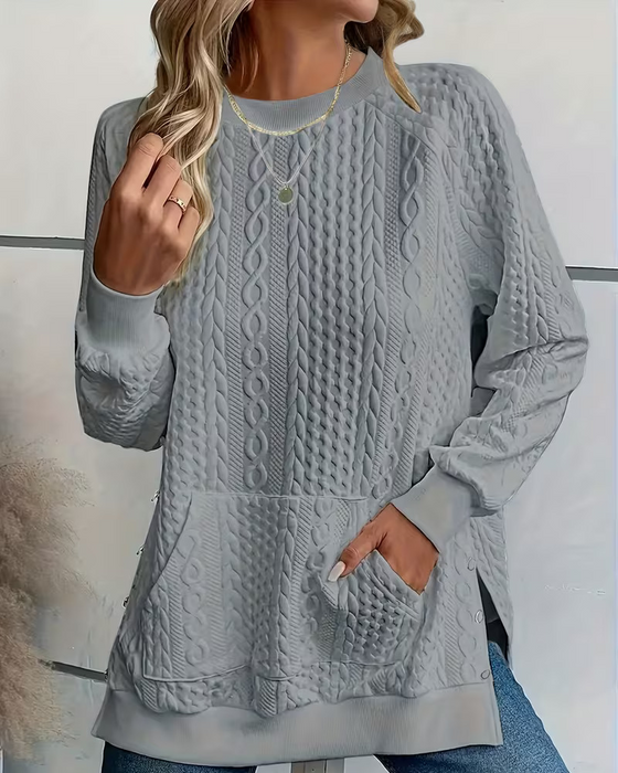 Crew Neck Casual Slit Pocket Sweatshirt