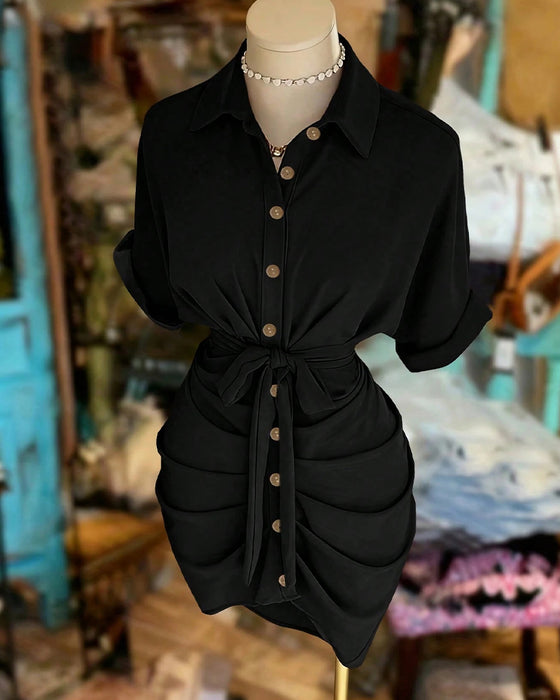 Tie Button Pleated Shirt Collar Dress