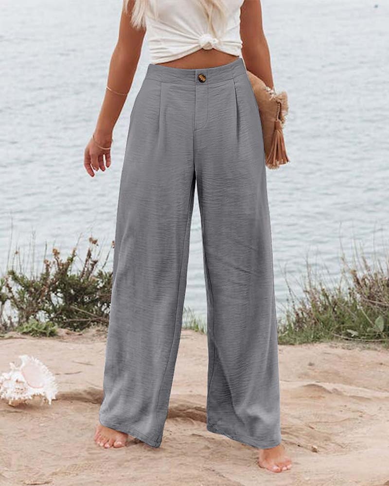 Button Elastic Waist Wide-Leg Pants