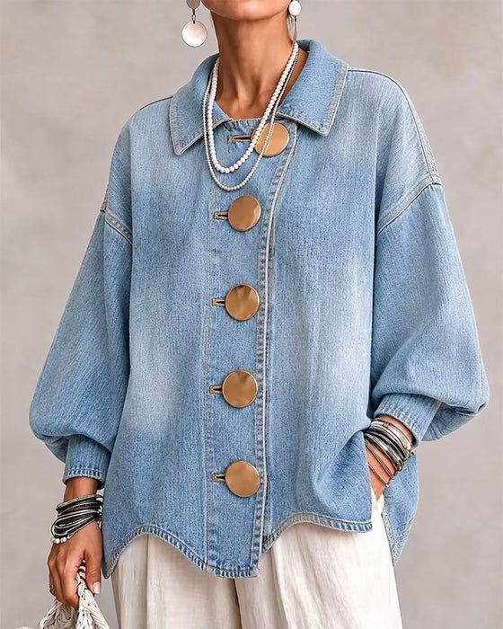 Big Metal Button Washed Denim Coat