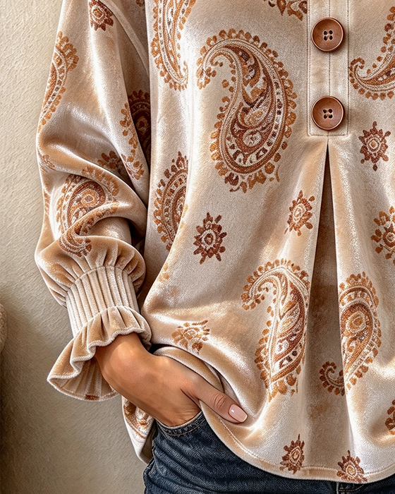 V-Neck Button Print Top