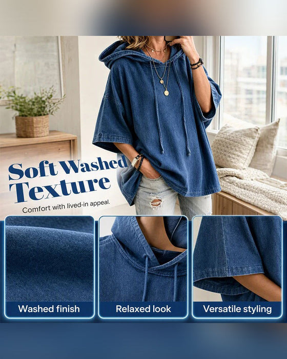 Hooded Drawstring Elbow-Length Sleeve Denim Hoodie