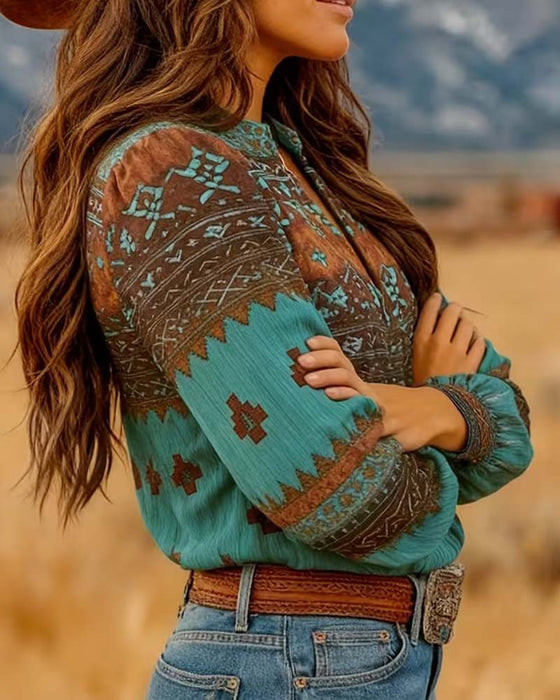 Ethnic Print V-Neck Long Sleeve Blouse