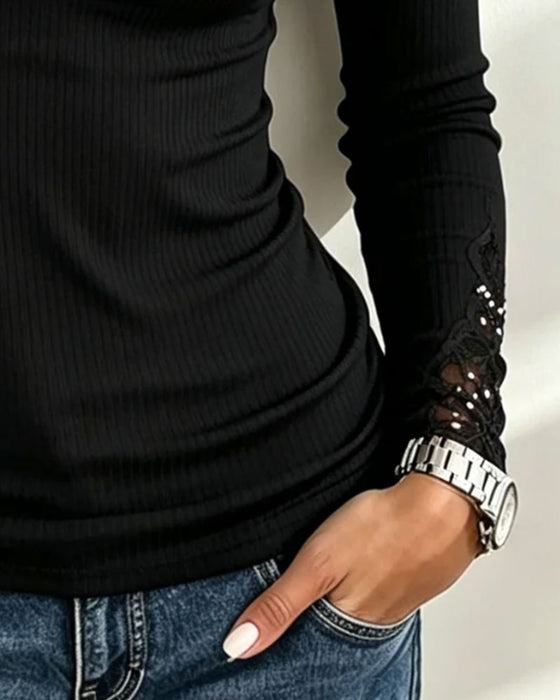 Lace Collar Patchwork Fitted Long Sleeve Top