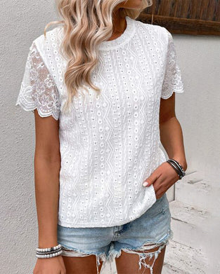 Lace paneled short-sleeve solid color top