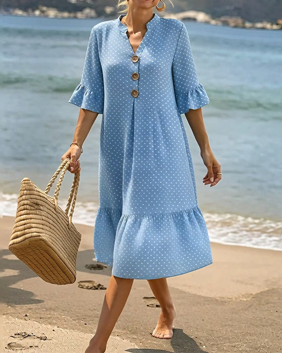 Polka Dot V-Neck Ruffle Sleeve Dress