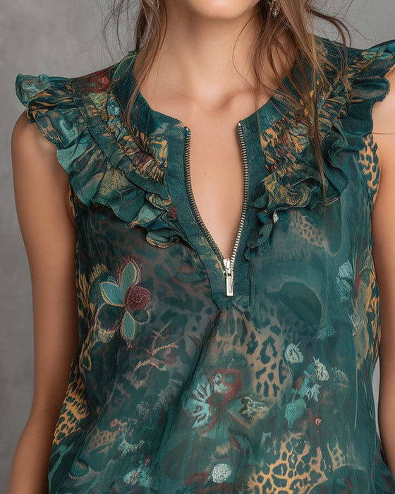 Ruffled Sleeveless Half-Zip Blouse