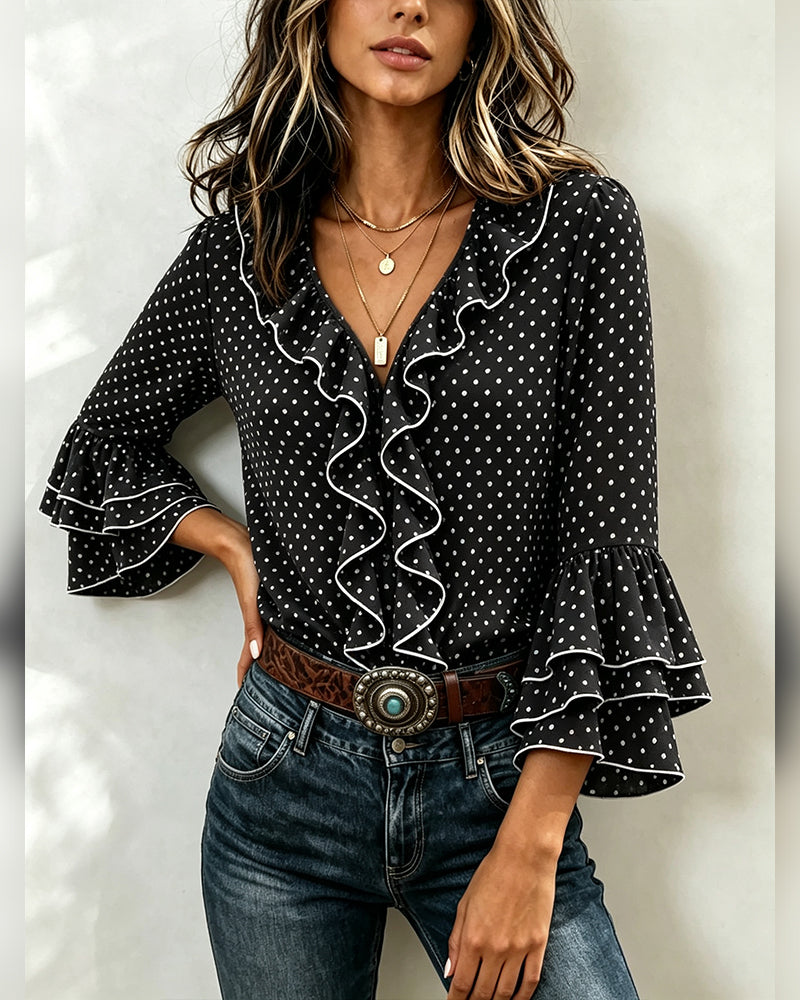 Polka Dot V-Neck Ruffle Flared Sleeve Top