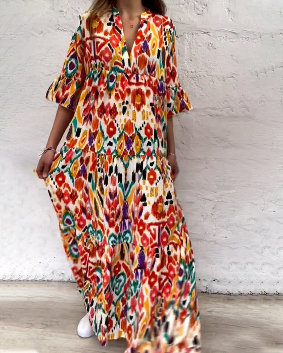 Color Print A-Line Dress with V-neck