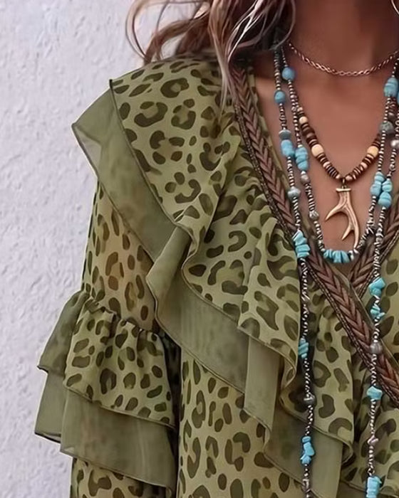 V-Neck Ruffle Leopard Blouse