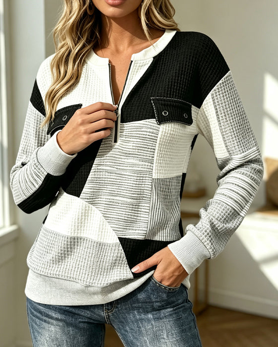 Waffle Color Block Zipper Sweatshirt