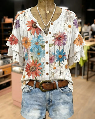 Daisy Print Short-Sleeve Blouse