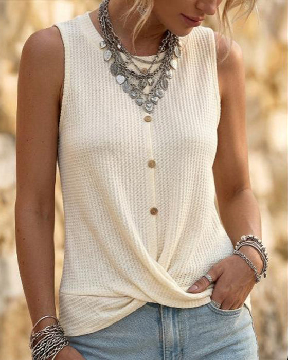 Round Neck Sleeveless Waffle Crossover Irregular Tank Top