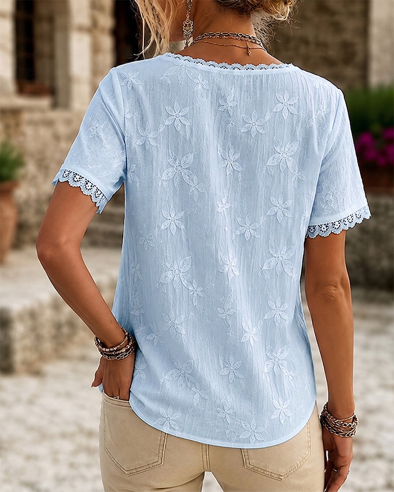 V-Neck Lace Short Sleeve Blouse