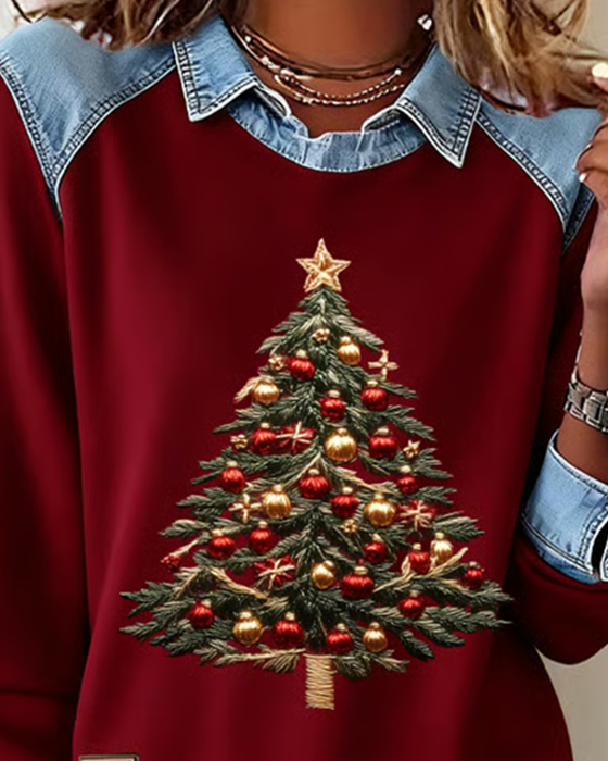 Denim Patchwork Christmas Print Sweatshirt