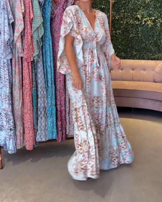 V-neck printed butterfly sleeve long dress