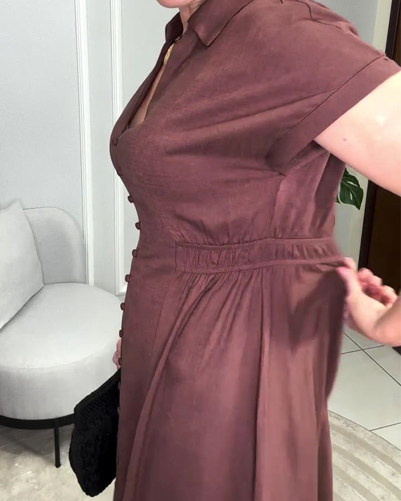 Solid Color Button-Down Waist Dress