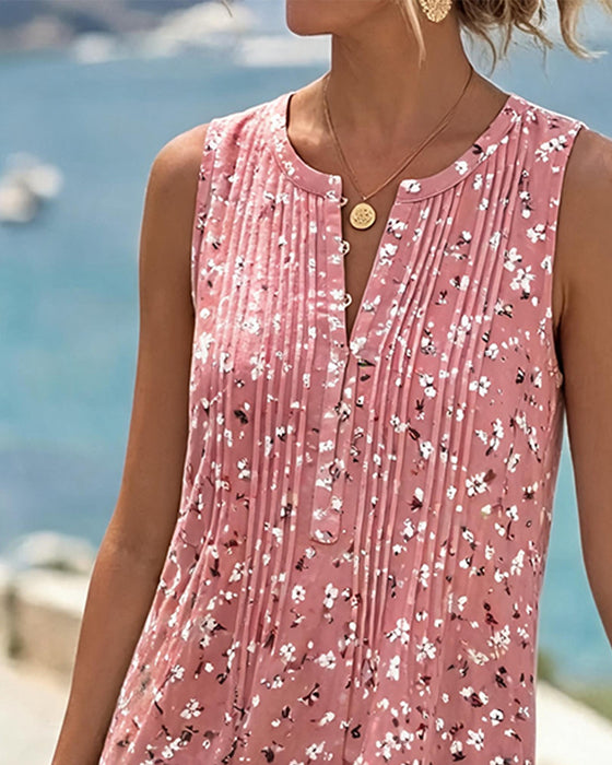 Round Neck Sleeveless Floral Pleated Dress