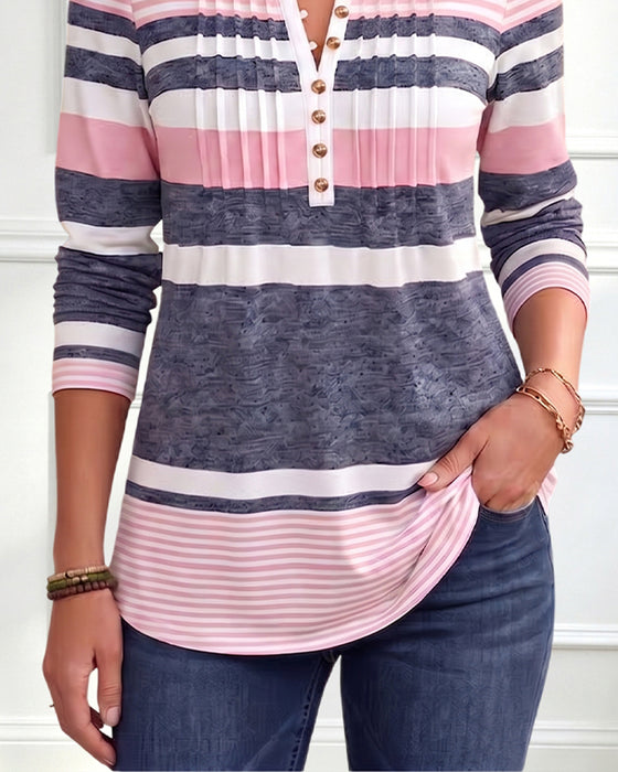 Crew Neck Buttoned Pleated Striped Top
