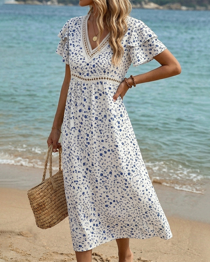 Blue White Floral Print V Neck Dress