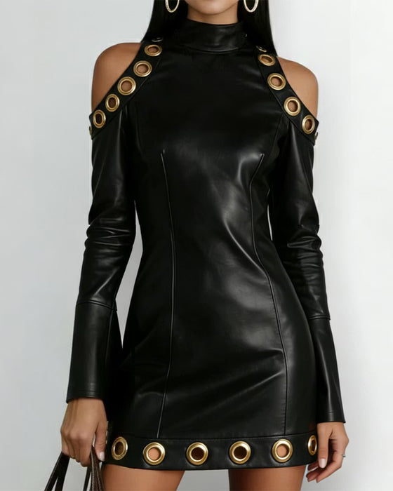 High Collar Cold Shoulder Metal Ring Dress