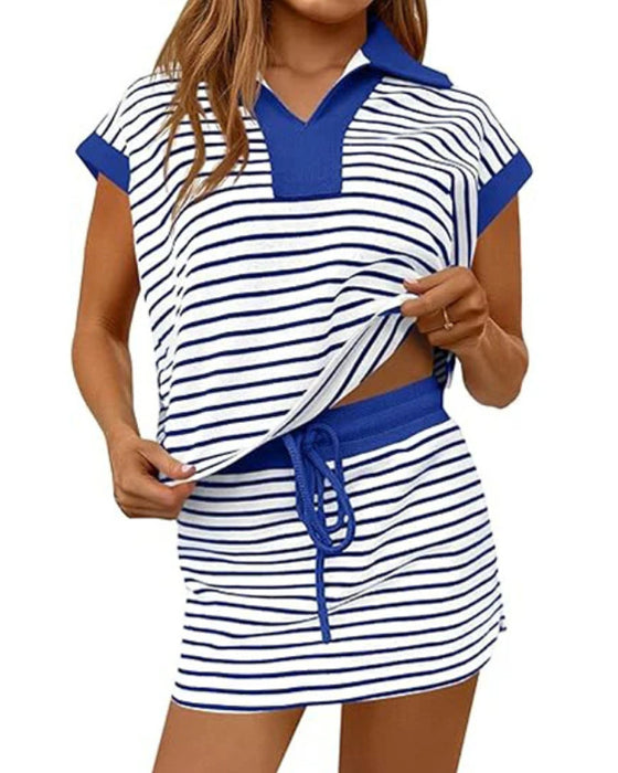 Striped Loose Short-Sleeve Short Skirt Set