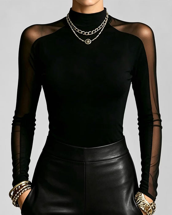 Sheer Mock Neck Slim-Fit Top