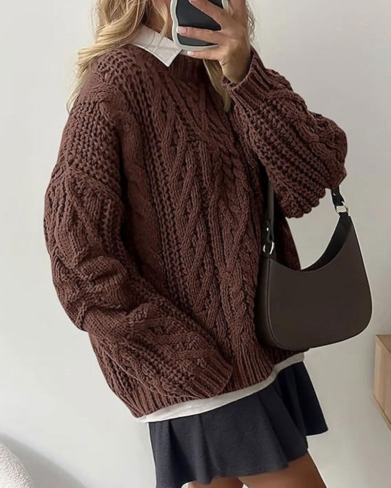 Loose Cable-Knit Crewneck Pullover