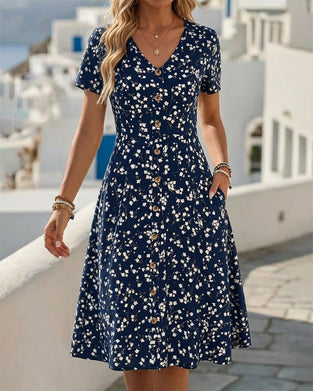 V-Neck Button Waist-Cinched A-Line Dresses
