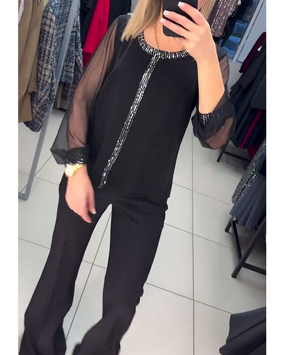 Sequin Panel Long Sleeve Blouse