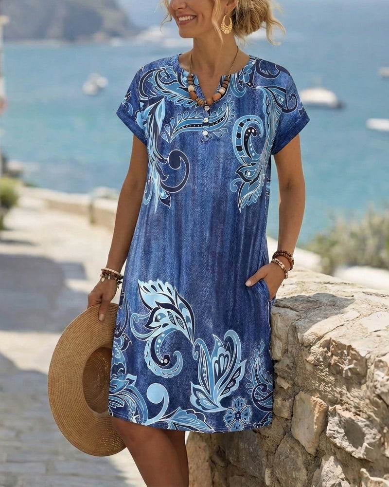 V-Neck Half Placket Print Dress
