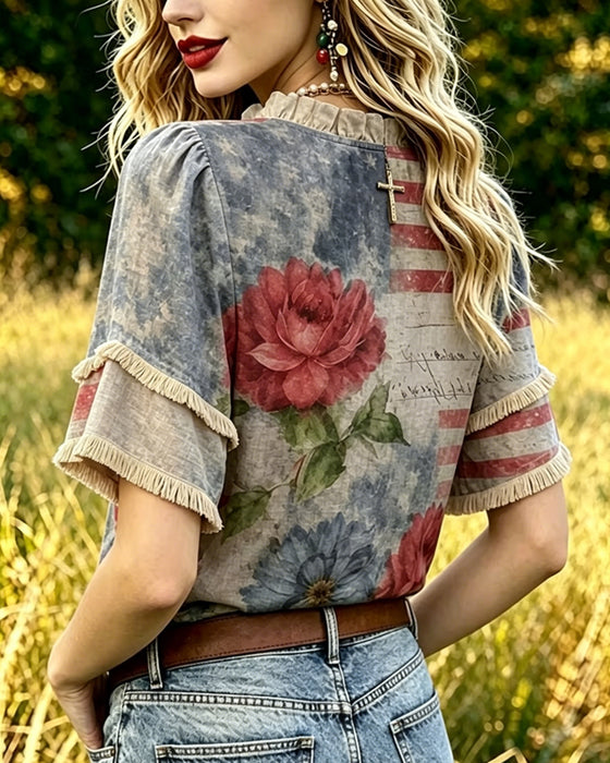 Floral-Print Ruffle-Trim Blouse
