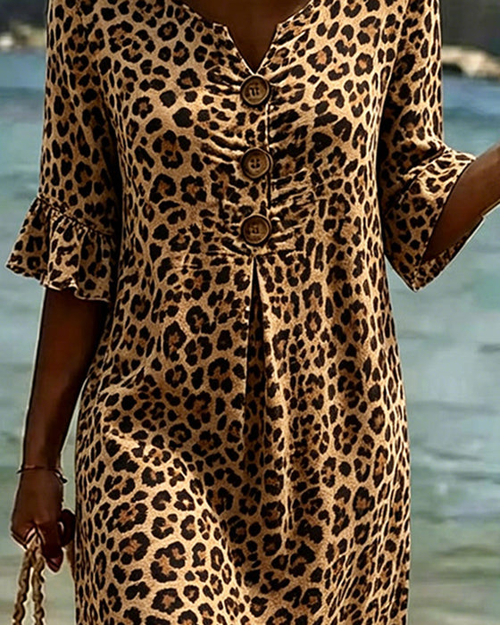 Leopard Print V-Neck Ruffled Dress