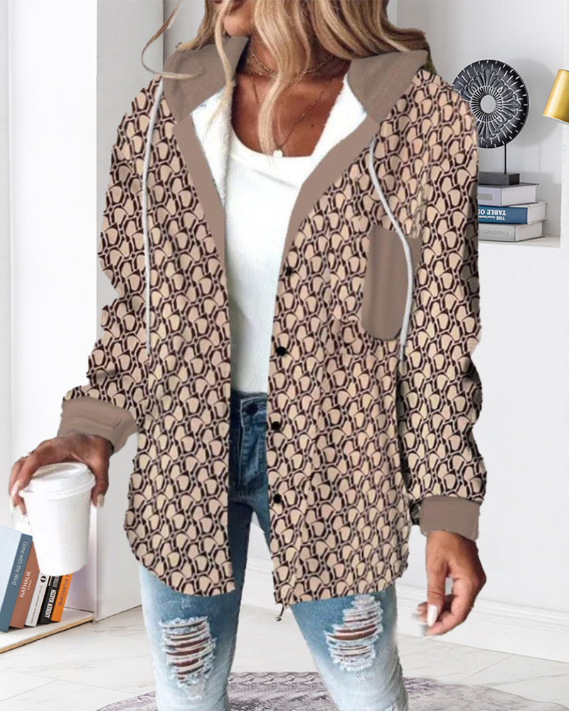 Casual printed pocket lace-up hooded coat
