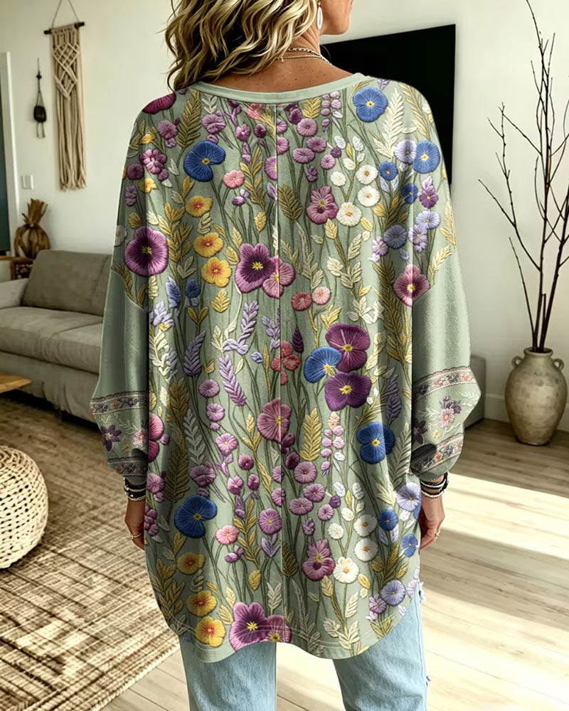 V-Neck Floral Loose Long-Sleeved Top