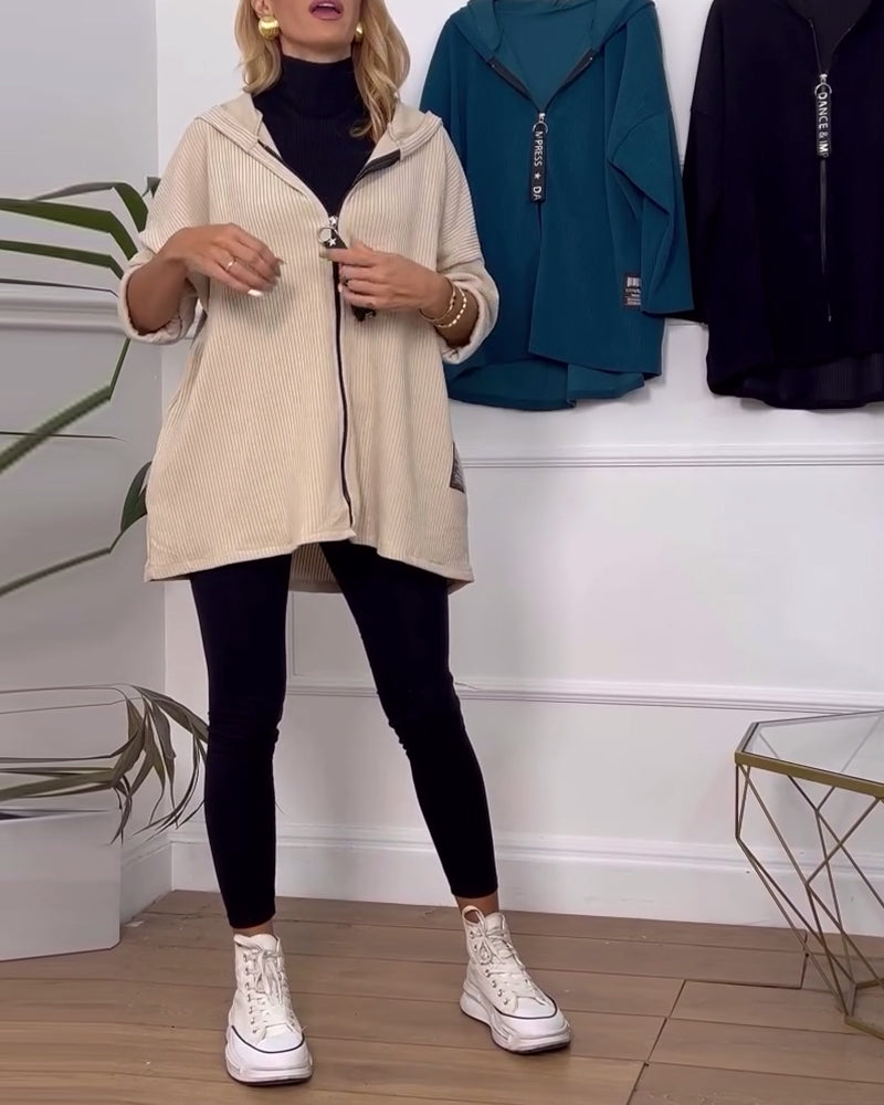Casual solid color zipper hooded coat