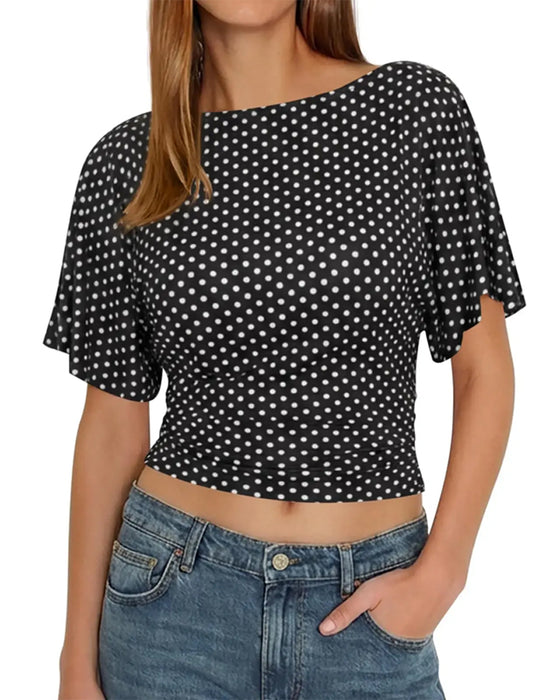 Polka Dot Waist-Cinching Round Neck Short Sleeve T-Shirt
