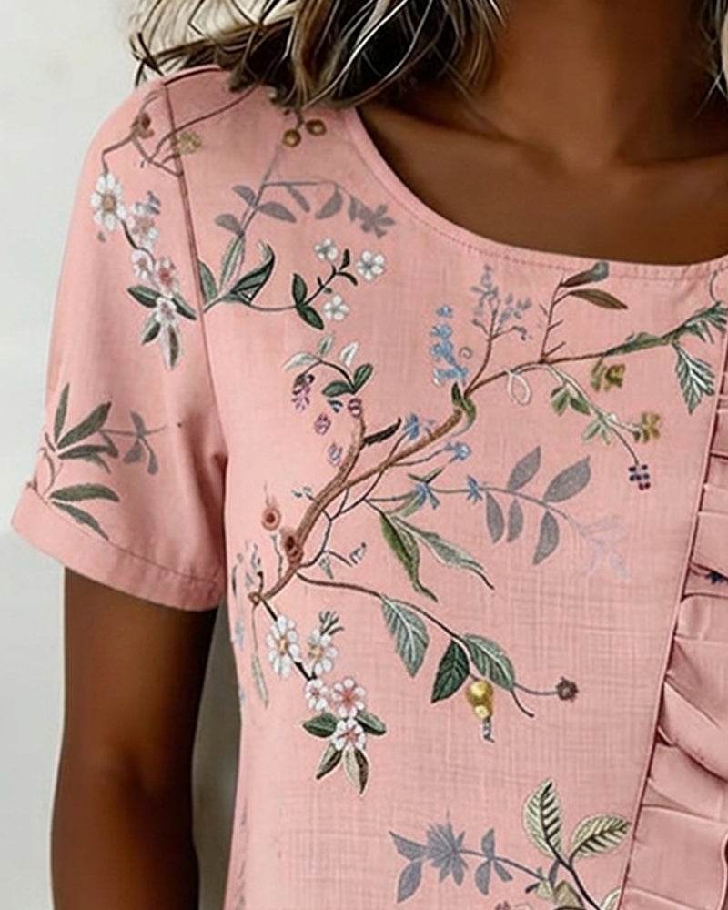 Crewneck Short Sleeve Ruffle Floral Blouse