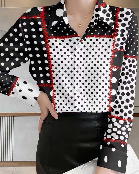 Polka Dot Long Sleeve Color-Block Shirt