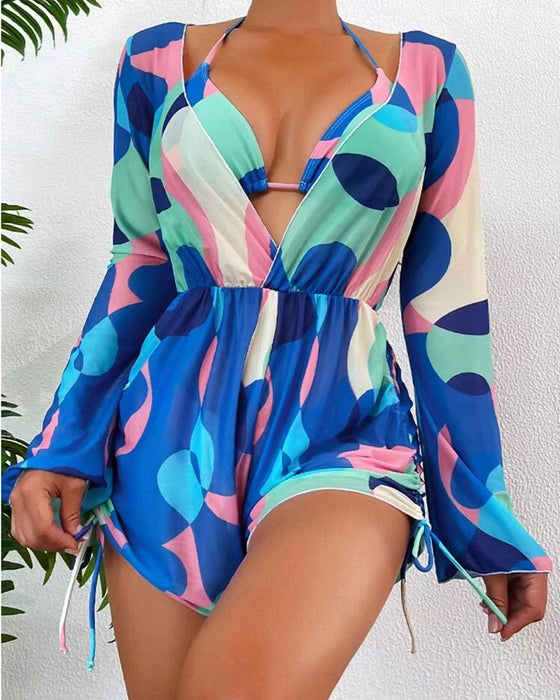 Cover Up Printed Bikini Three-Piece Swimsuit