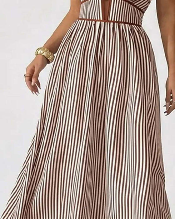 Deep V-Neck Spaghetti Strap Stripe Long Dresses