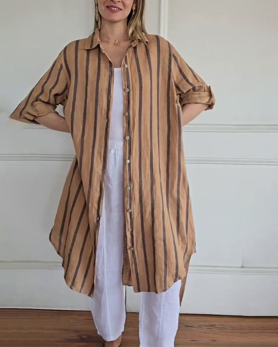 Casual Spread Collar Button Front Striped Dress