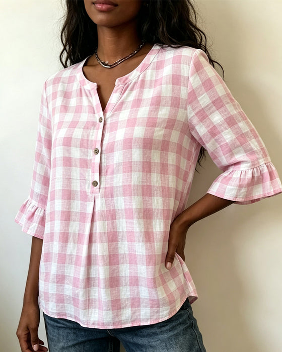 V-Neck Button Front Checkered Ruffle Blouse
