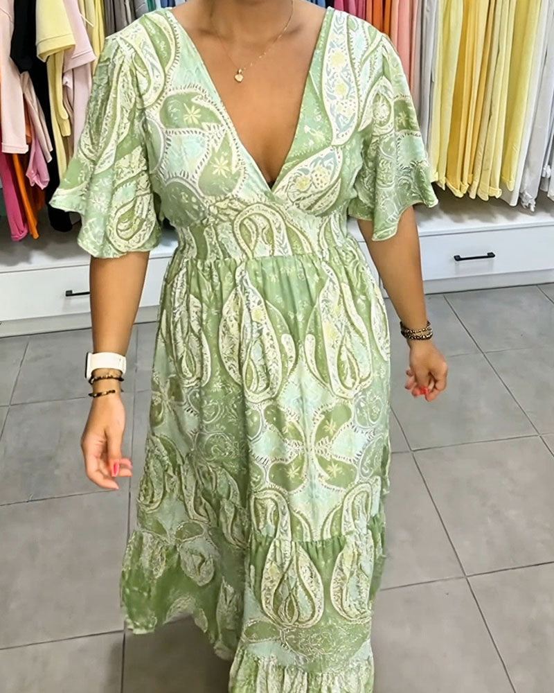 V-Neck Ruffle Print Dress
