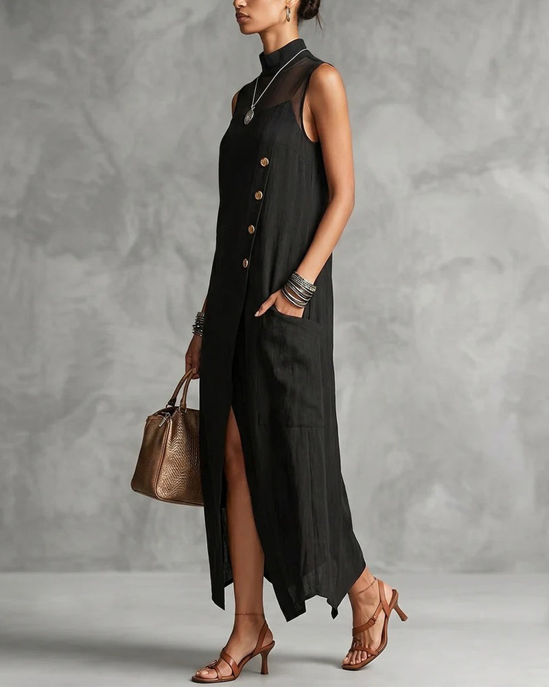 High Collar Sleeveless Long Pockets Dress